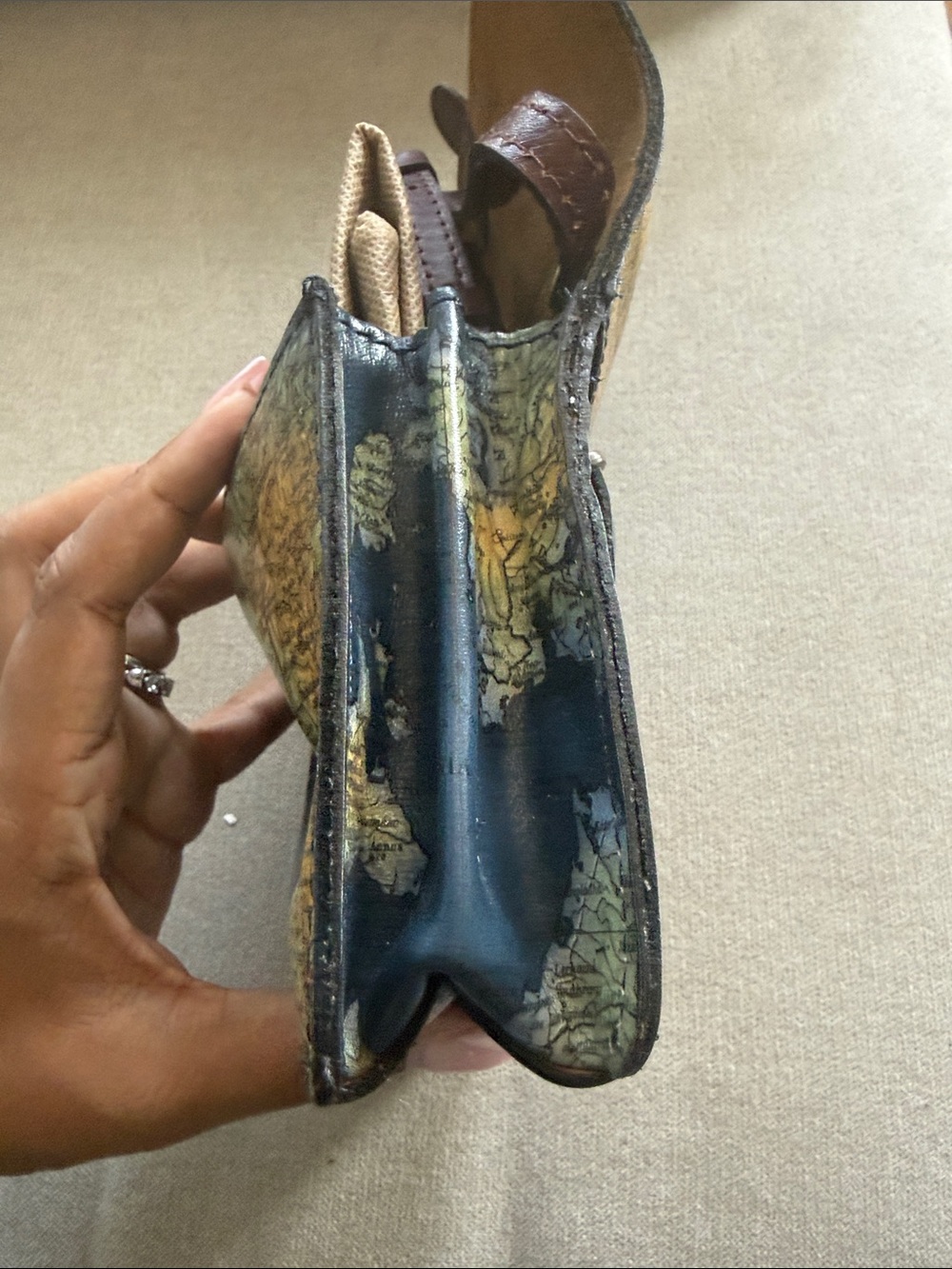 Patricia Nash Navy Map Print Leather Crossbody Wallet with Brown Strap - Picture 9 of 11